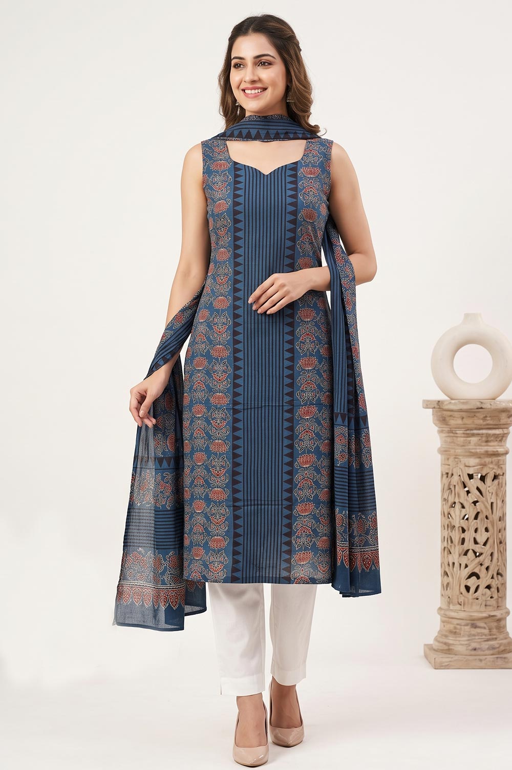 Kutch Ajrakh Hand Block Print Modal Silk Crepe Salwar Suit 2pcs (Unstitched)