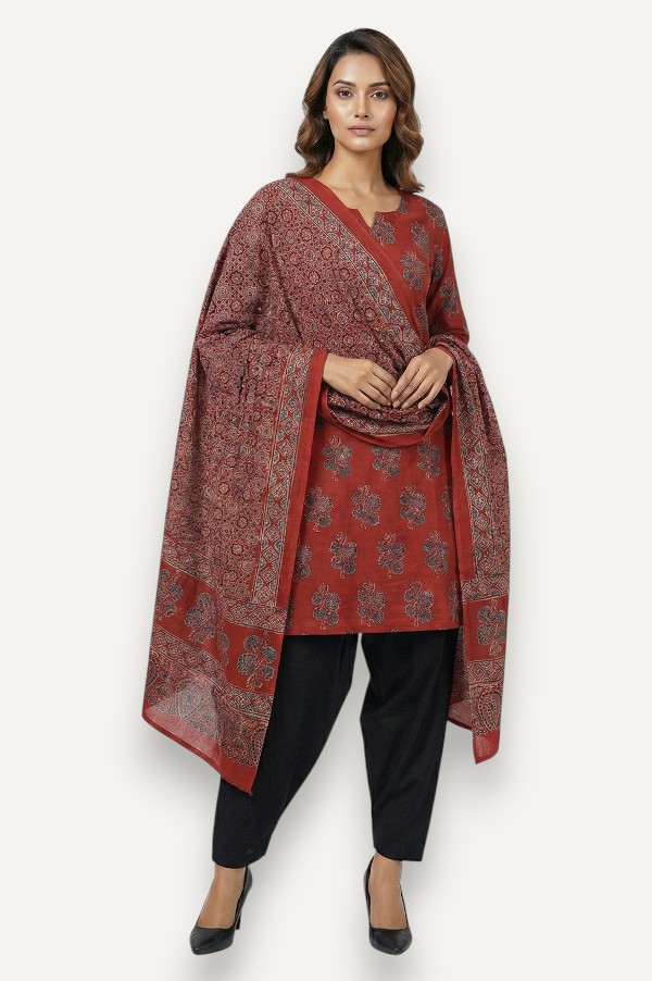 Kutch Ajrakh Hand Block Print Modal Silk Crepe Salwar Suit 2pcs (Unstitched)