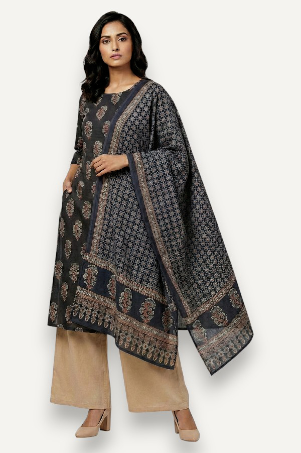 Kutch Ajrakh Hand Block Print Modal Silk Crepe Salwar Suit 2pcs (Unstitched)