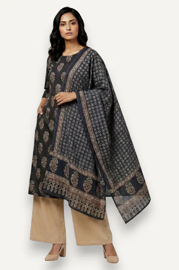 Kutch Ajrakh Hand Block Print Modal Silk Crepe Salwar Suit 2pcs (Unstitched)