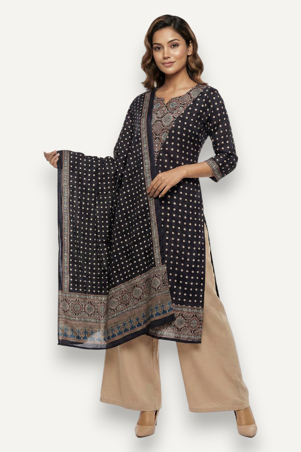 Kutch Ajrakh Hand Block Print Modal Silk Crepe Salwar Suit 2pcs (Unstitched)