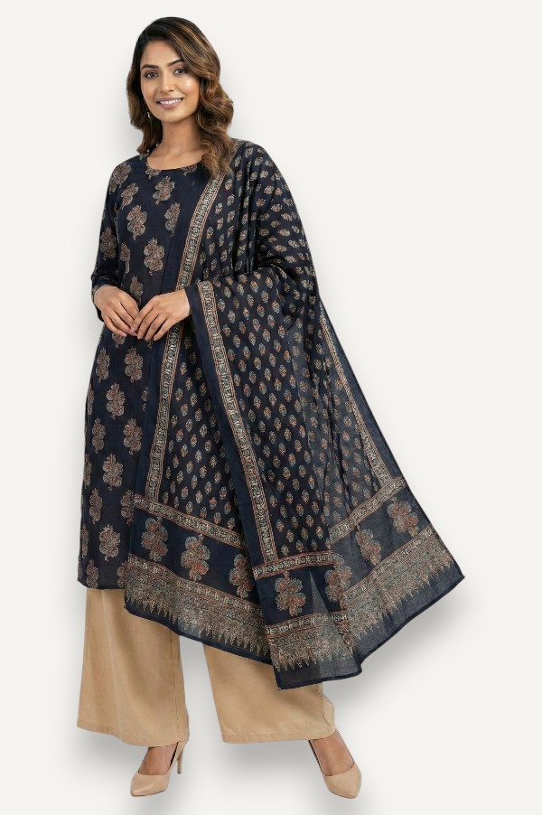 Kutch Ajrakh Hand Block Print Modal Silk Crepe Salwar Suit 2pcs (Unstitched)