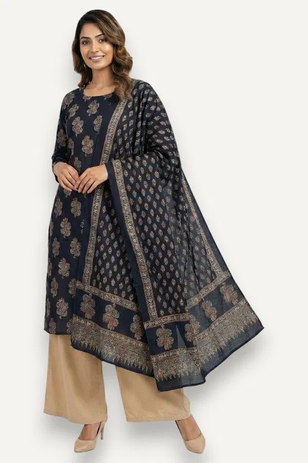 Kutch Ajrakh Hand Block Print Modal Silk Crepe Salwar Suit 2pcs (Unstitched)