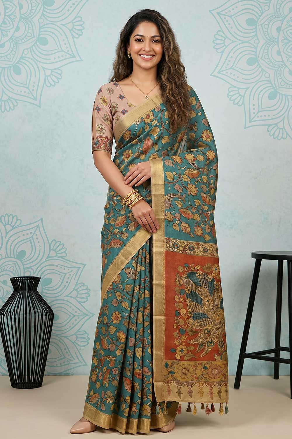 Srikalahasthi Pen Kalamkari (Vraathapani) Cotton Saree