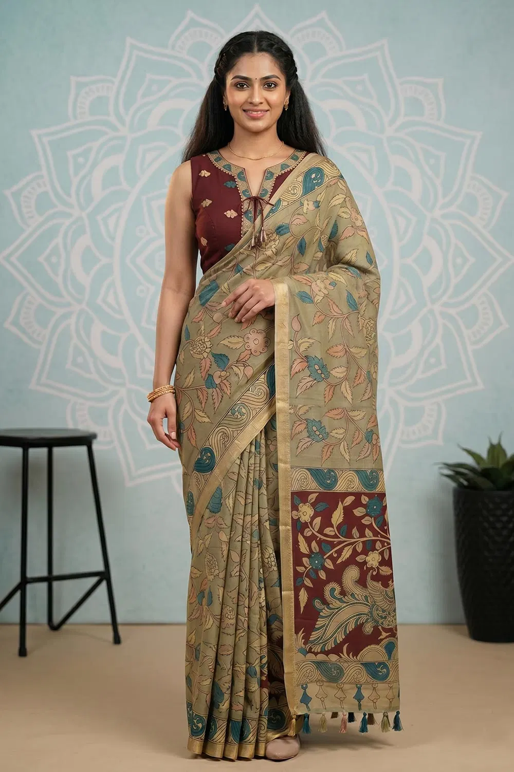 Srikalahasthi Pen Kalamkari (Vraathapani) Cotton Saree