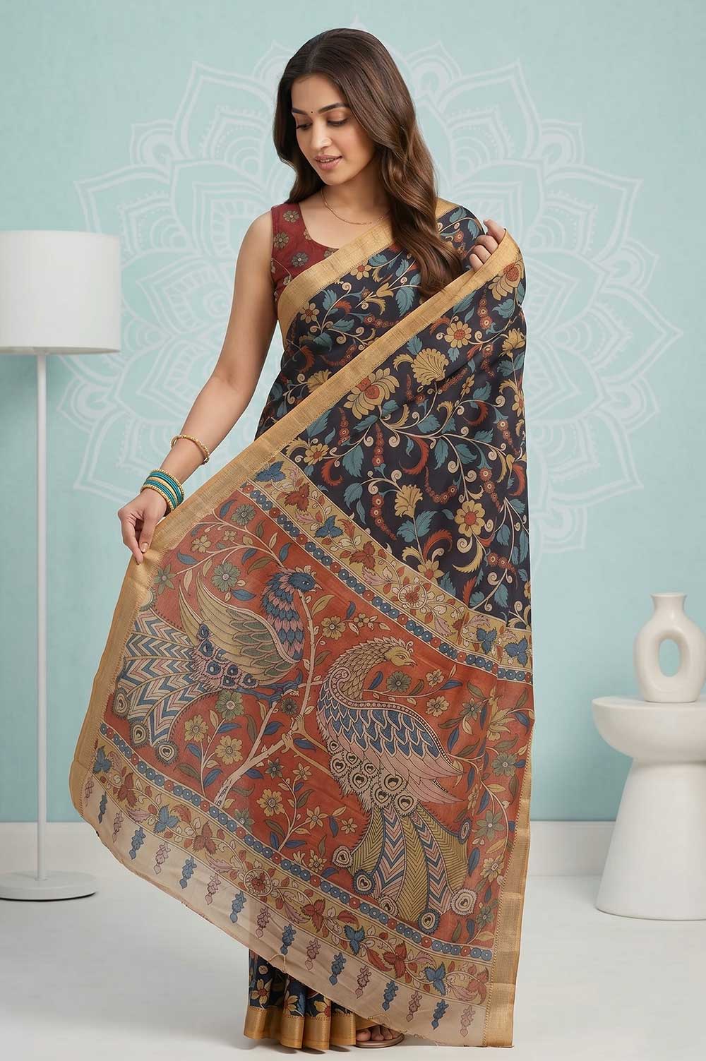 Srikalahasthi Pen Kalamkari (Vraathapani) Cotton Saree