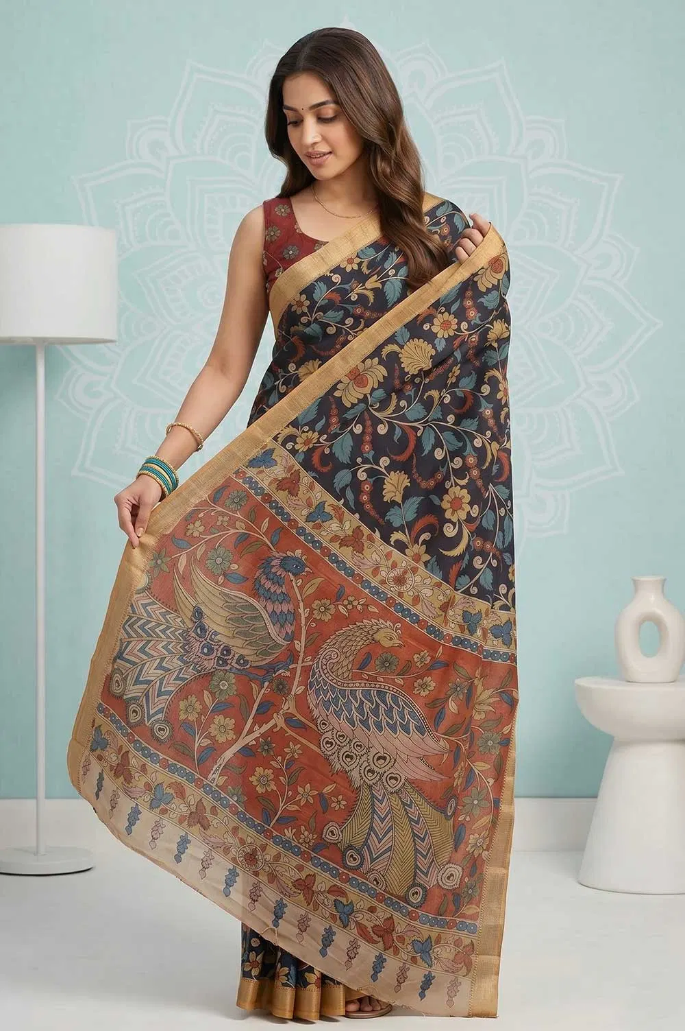 Srikalahasthi Pen Kalamkari (Vraathapani) Cotton Saree