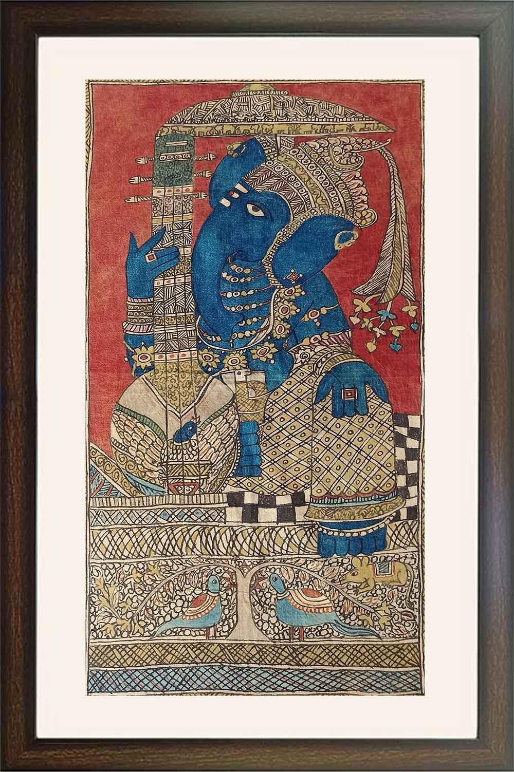 Srikalahasthi Pen Kalamkari - Veena Ganesha (20.5x37) Inches