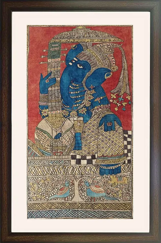 Srikalahasthi Pen Kalamkari - Veena Ganesha (20.5x37) Inches