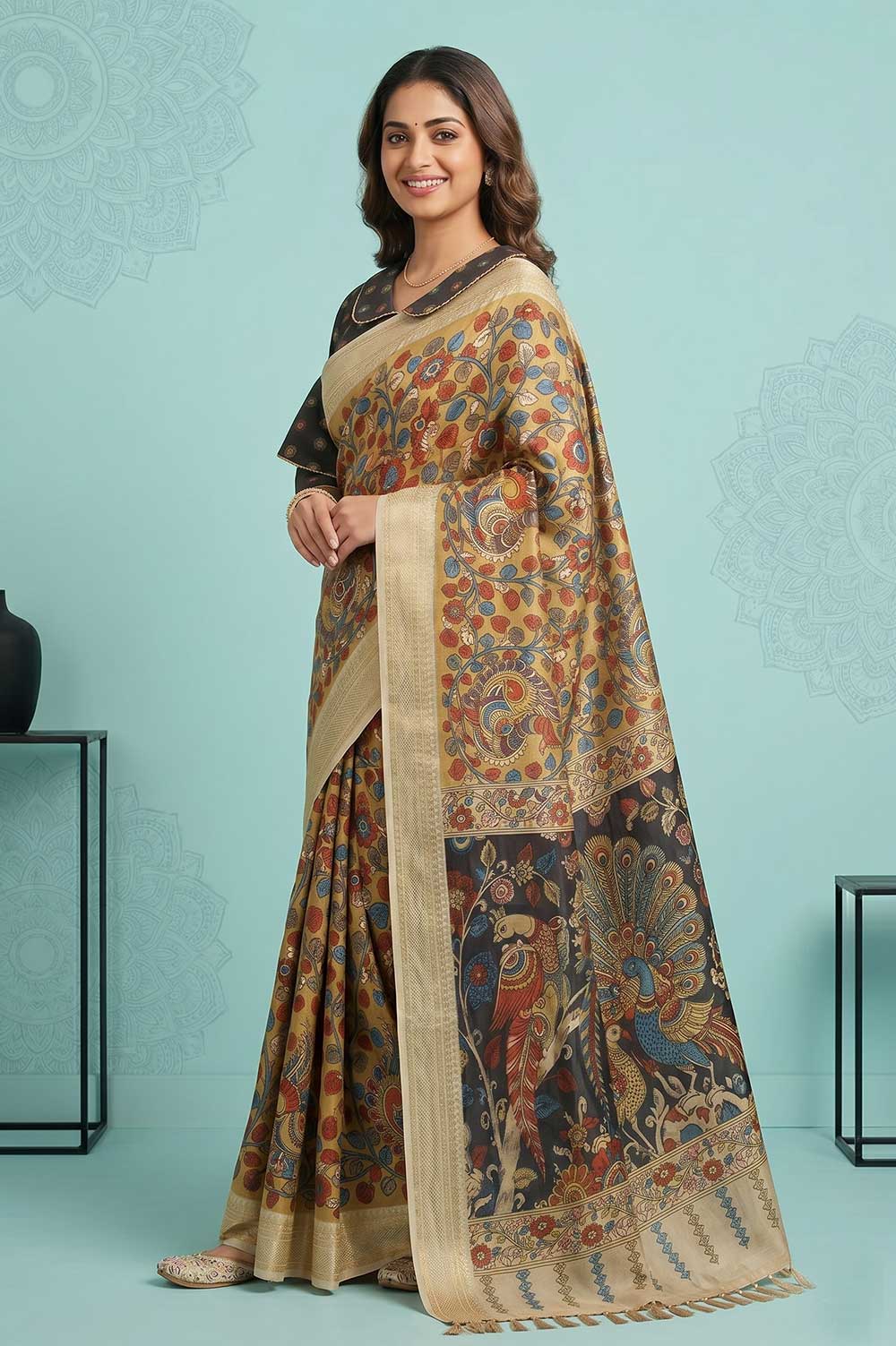 Srikalahasthi Pen Kalamkari (Vraathapani) Cotton Saree