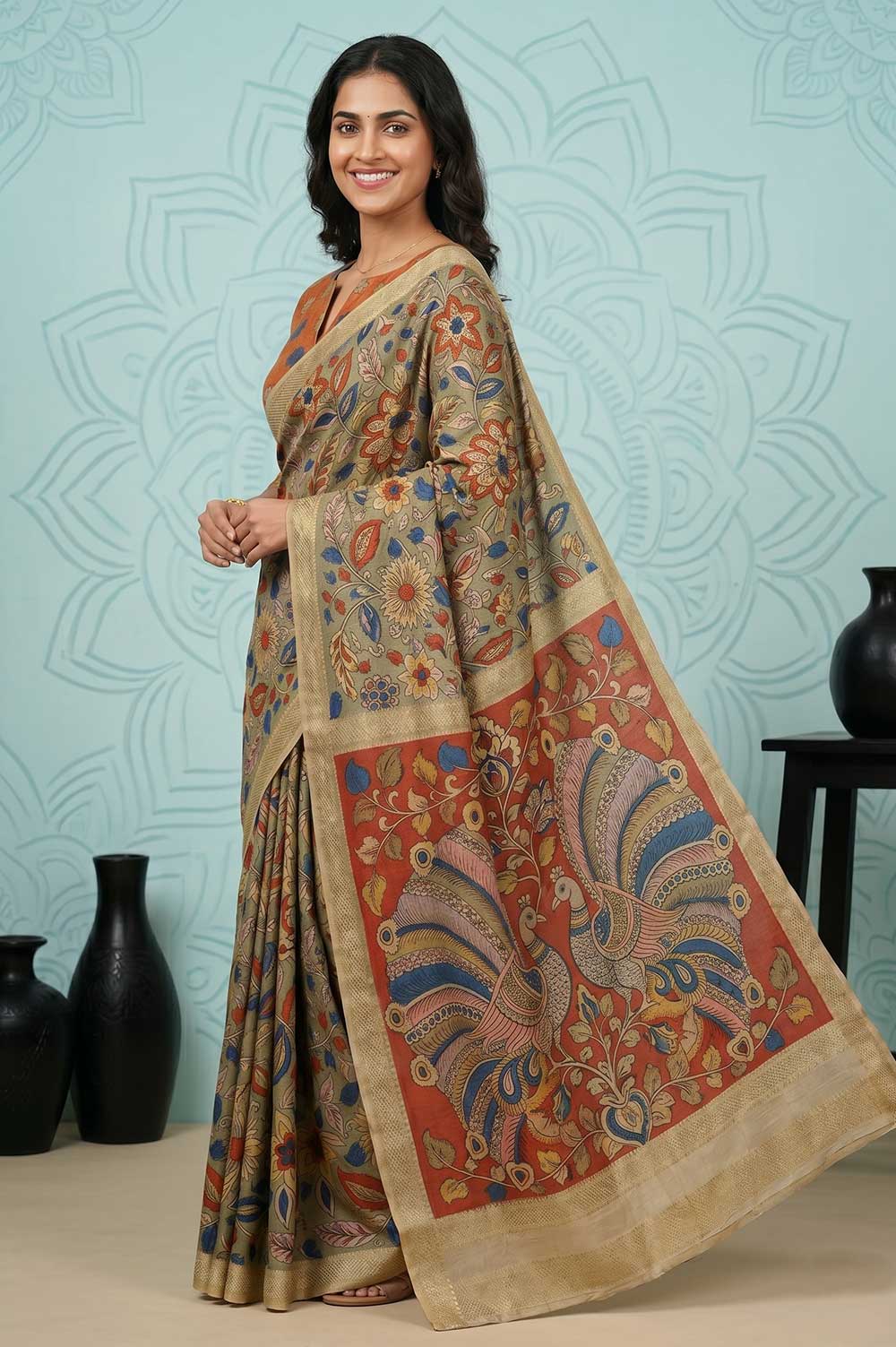 Srikalahasthi Pen Kalamkari (Vraathapani) Cotton Saree