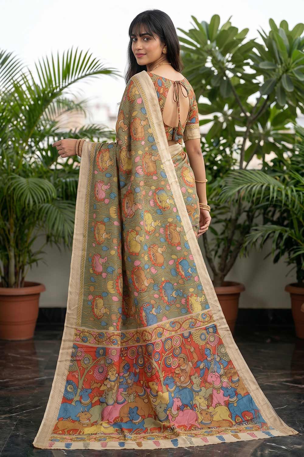 Srikalahasthi Pen Kalamkari (Vraathapani) Cotton Saree