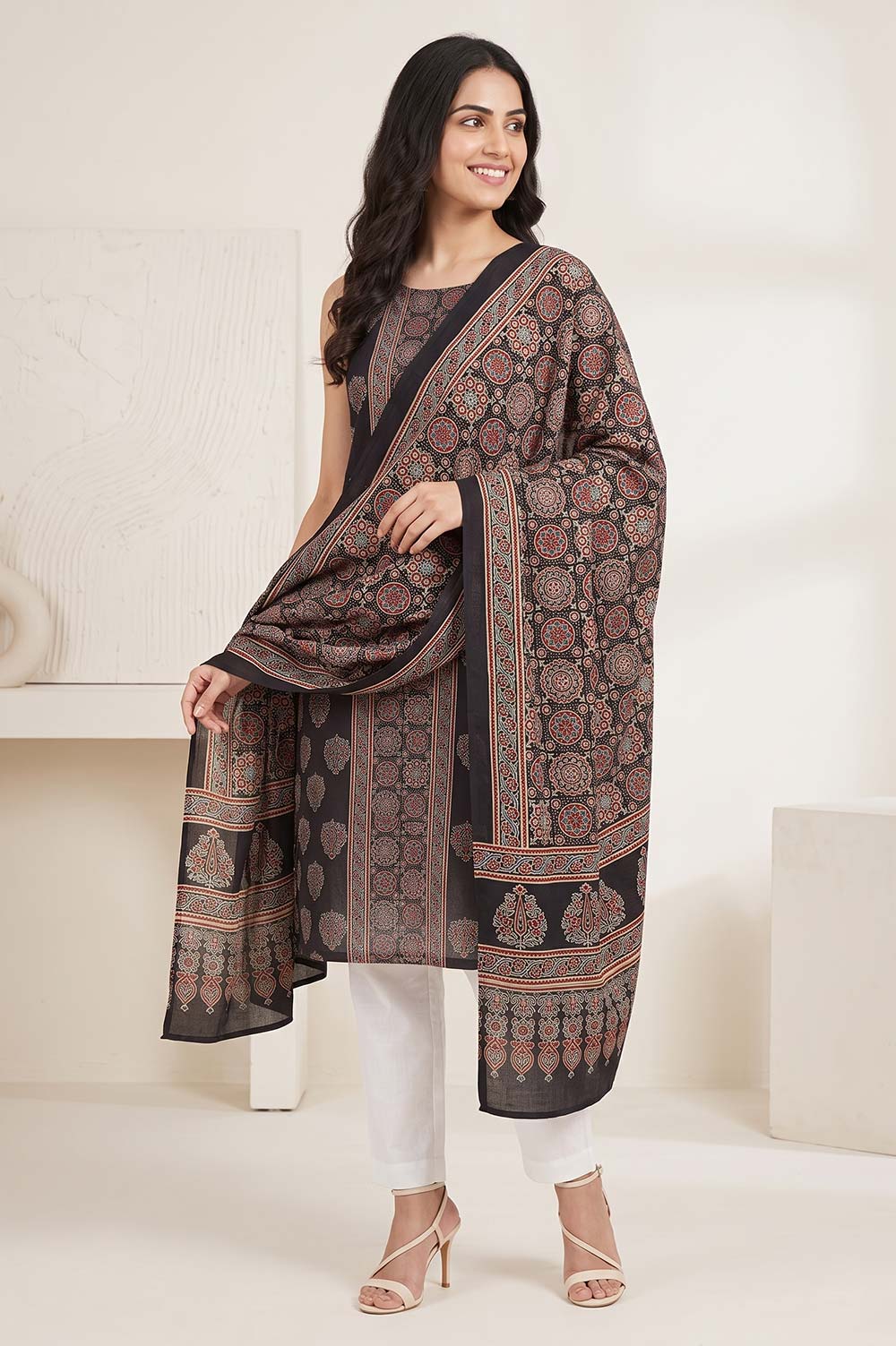 Kutch Ajrakh Hand Block Print Modal Silk Crepe Salwar Suit 2pcs (Unstitched)