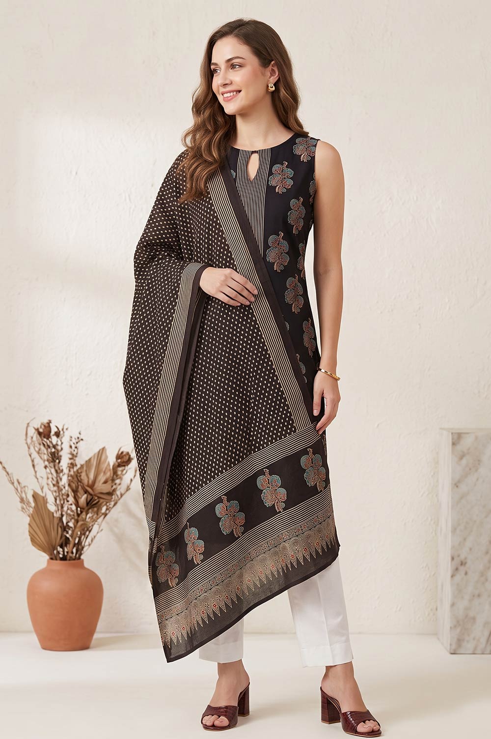 Kutch Ajrakh Hand Block Print Modal Silk Crepe Salwar Suit 2pcs (Unstitched)
