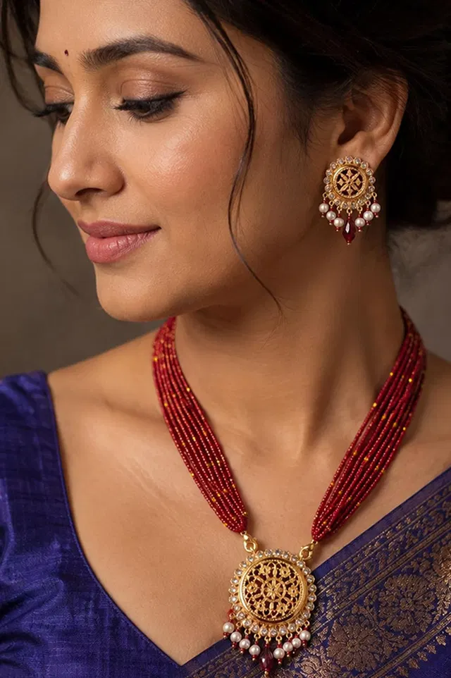 Thewa Red leaf Round 23kt Gold Jewellery Set