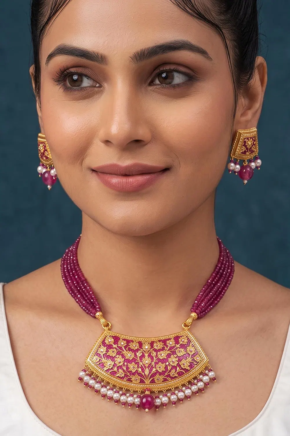 Pink Flower Pattern 23kt Gold Jewellery Set