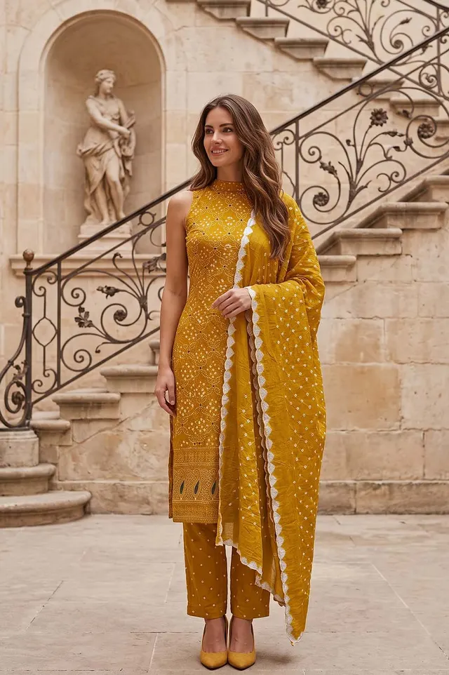 Jamnagari Bandhani Salwar Suit Dress Material (Unstitched)