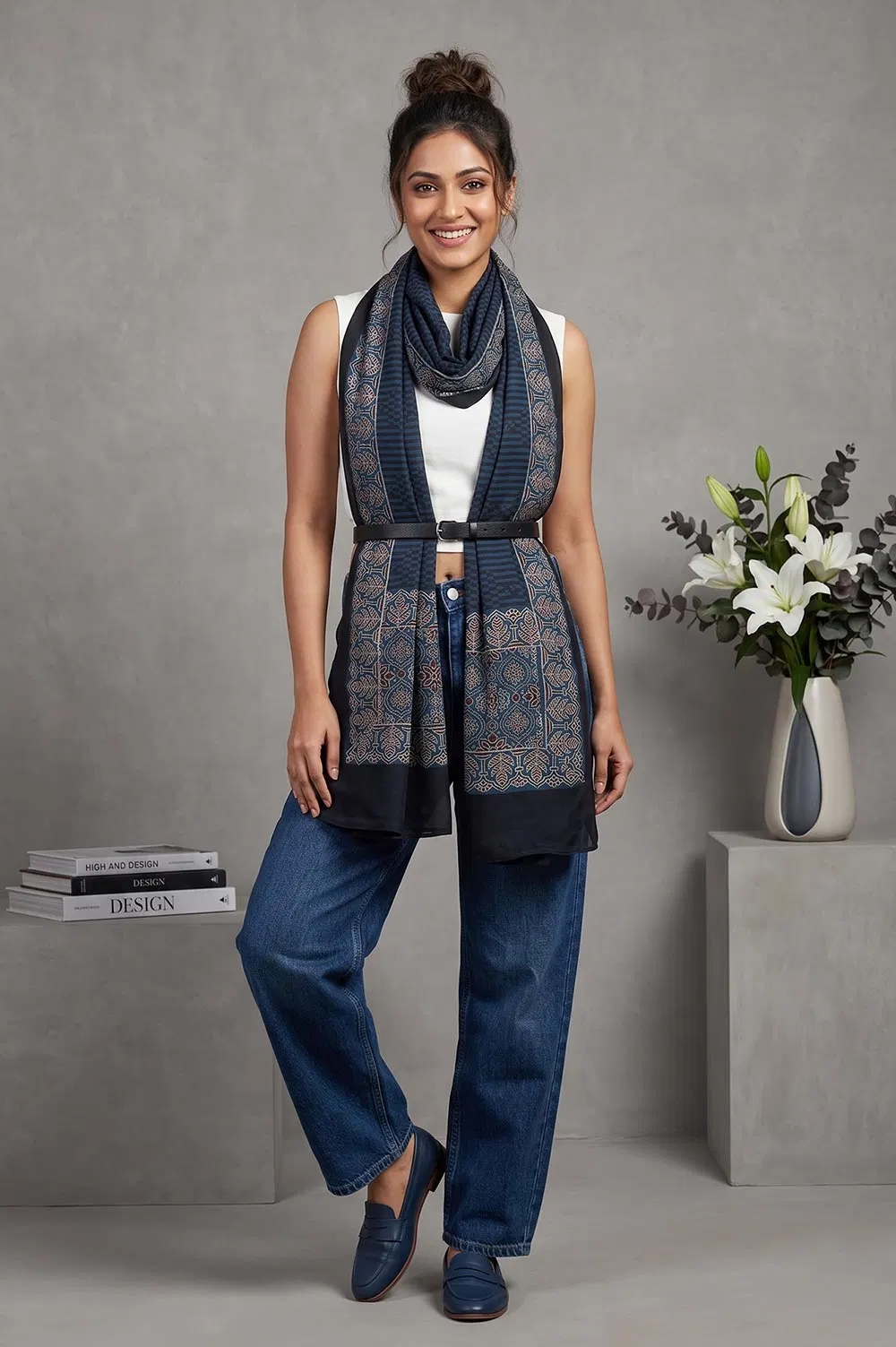 Kutch Ajrakh Hand Block Print Modal Silk Crepe Stole