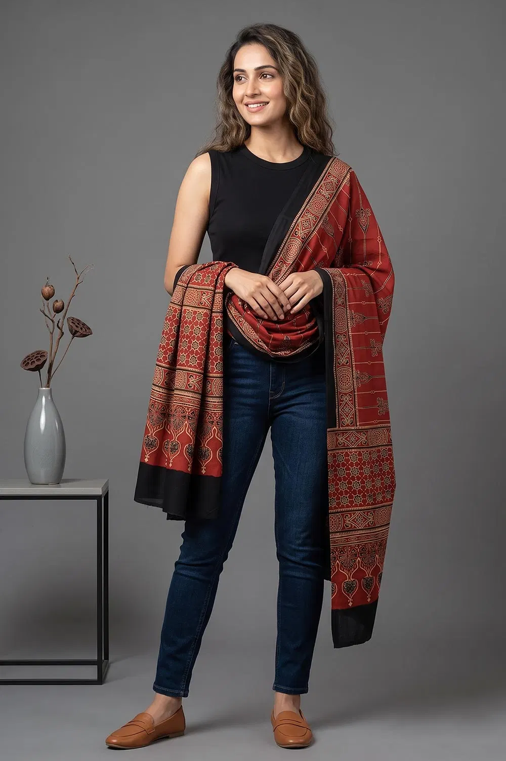 Kutch Ajrakh Hand Block Print Modal Silk Crepe Stole