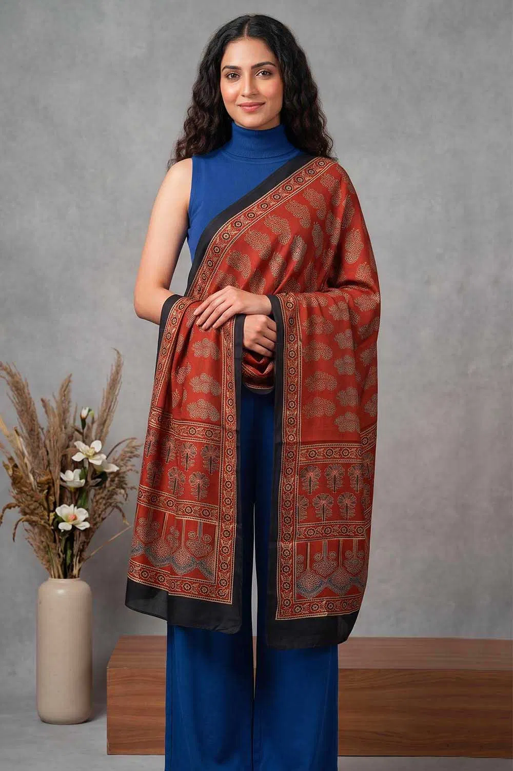 Kutch Ajrakh Hand Block Print Modal Silk Crepe Stole