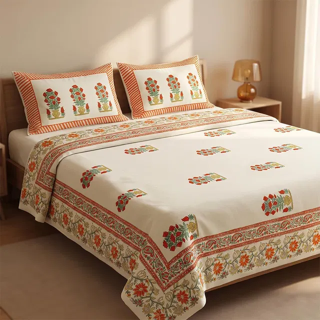 Bagru Hand Block Printed Premium Bedsheet Set (8.8x8.8)ft