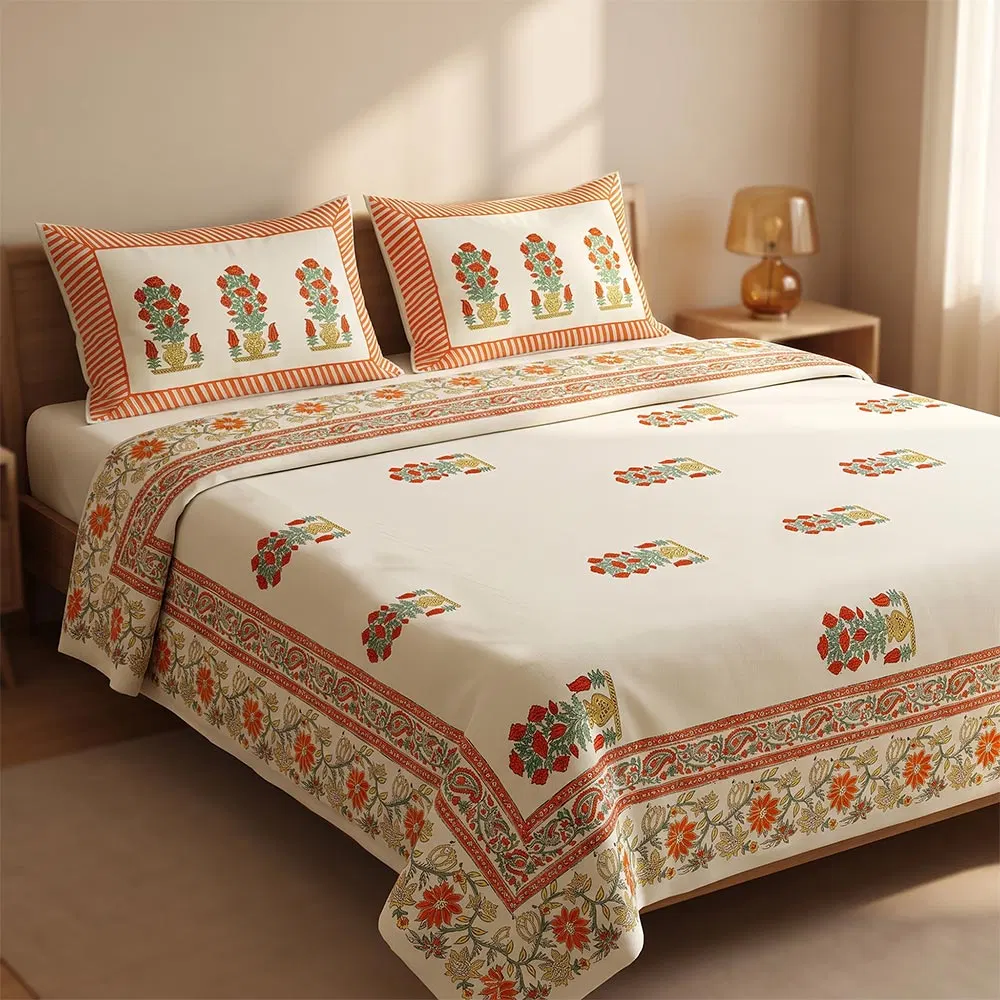Bagru Hand Block Printed Premium Bedsheet Set (8.8x8.8)ft