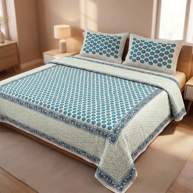 Bagru Hand Block Printed Premium Bedsheet Set (8.8x8.8)ft