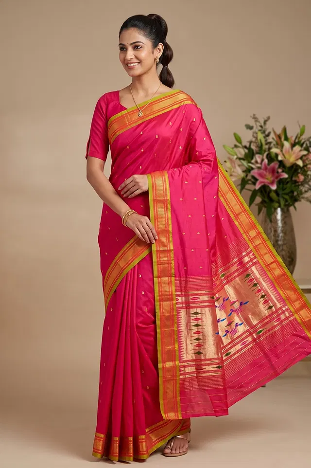 Authentic Paithani Handloom Pure Silk Saree (Double Pallu Medium Motif)