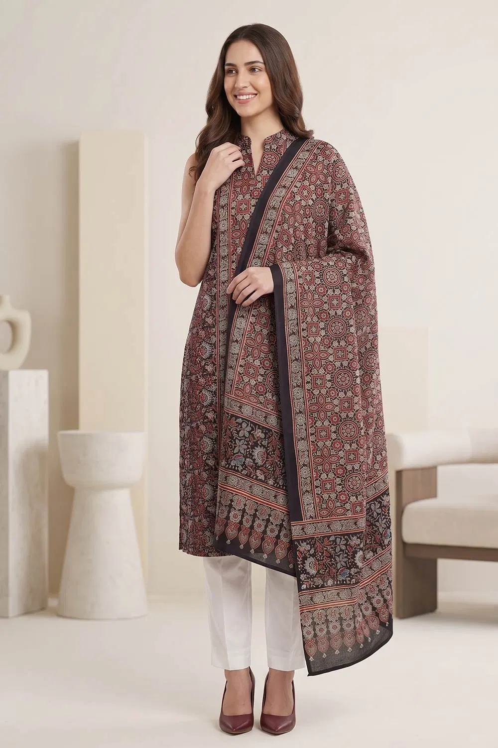 Kutch Ajrakh Hand Block Print Modal Silk Crepe Salwar Suit 2pcs (Unstitched)