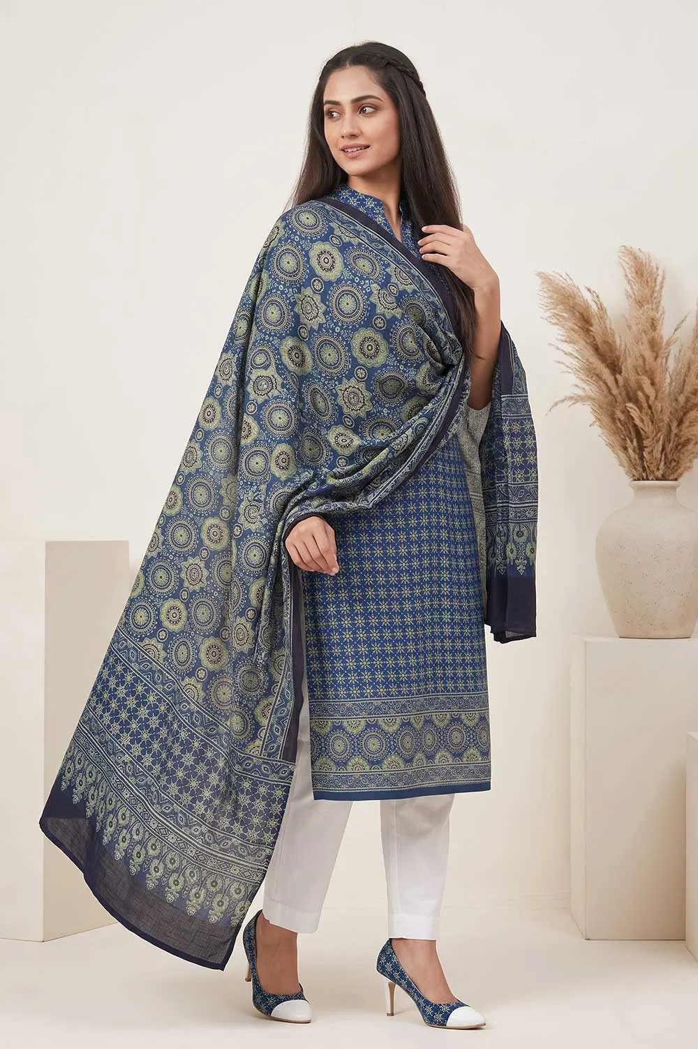 Kutch Ajrakh Hand Block Print Modal Silk Crepe Salwar Suit 2pcs (Unstitched)