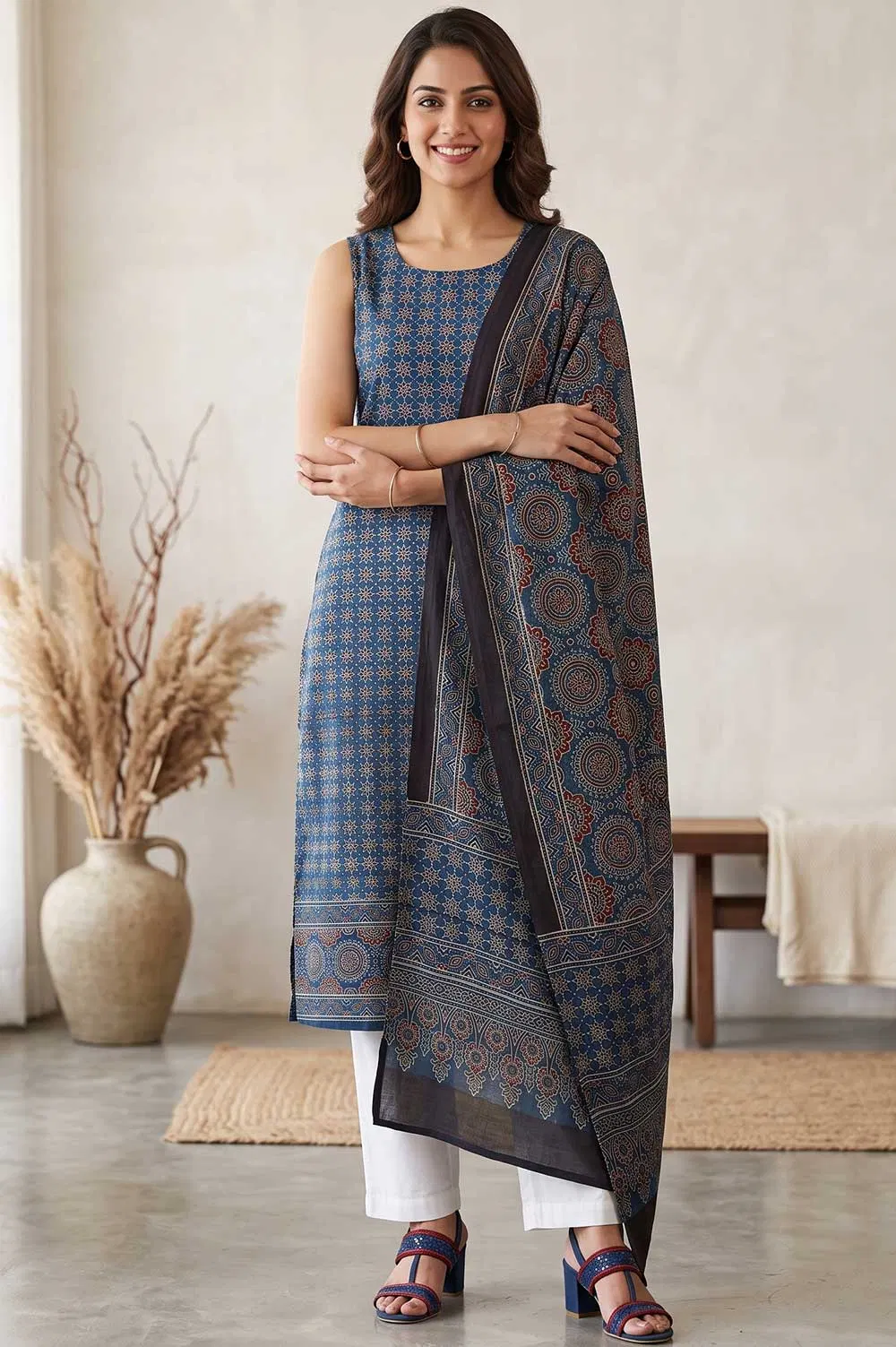 Kutch Ajrakh Hand Block Print Modal Silk Crepe Salwar Suit 2pcs (Unstitched)