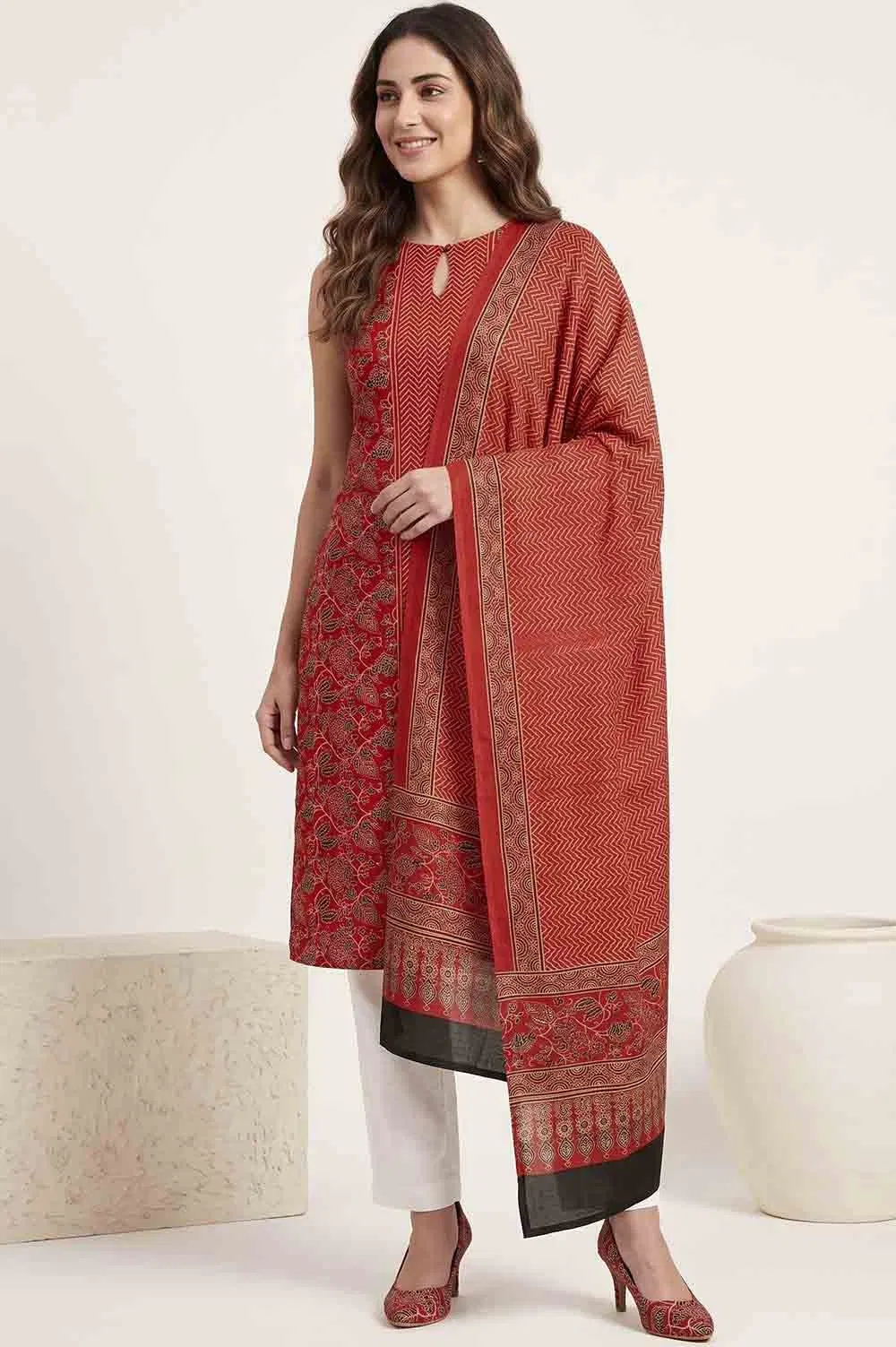 Kutch Ajrakh Hand Block Print Modal Silk Crepe Salwar Suit 2pcs (Unstitched)