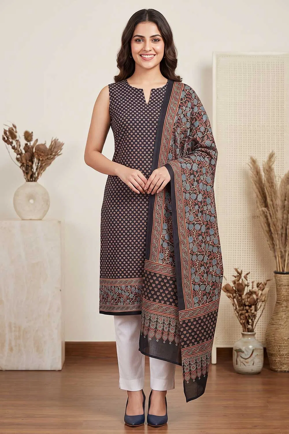 Kutch Ajrakh Hand Block Print Modal Silk Crepe Salwar Suit 2pcs (Unstitched)
