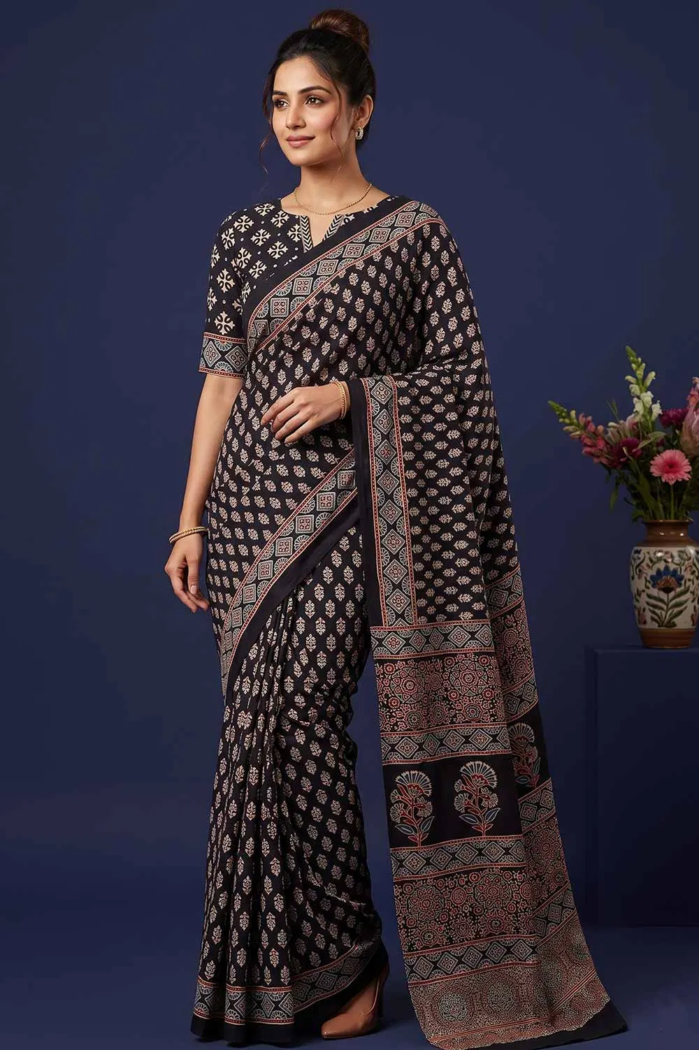 Kutch Ajrakh Hand Block Print Modal Silk Crepe Saree