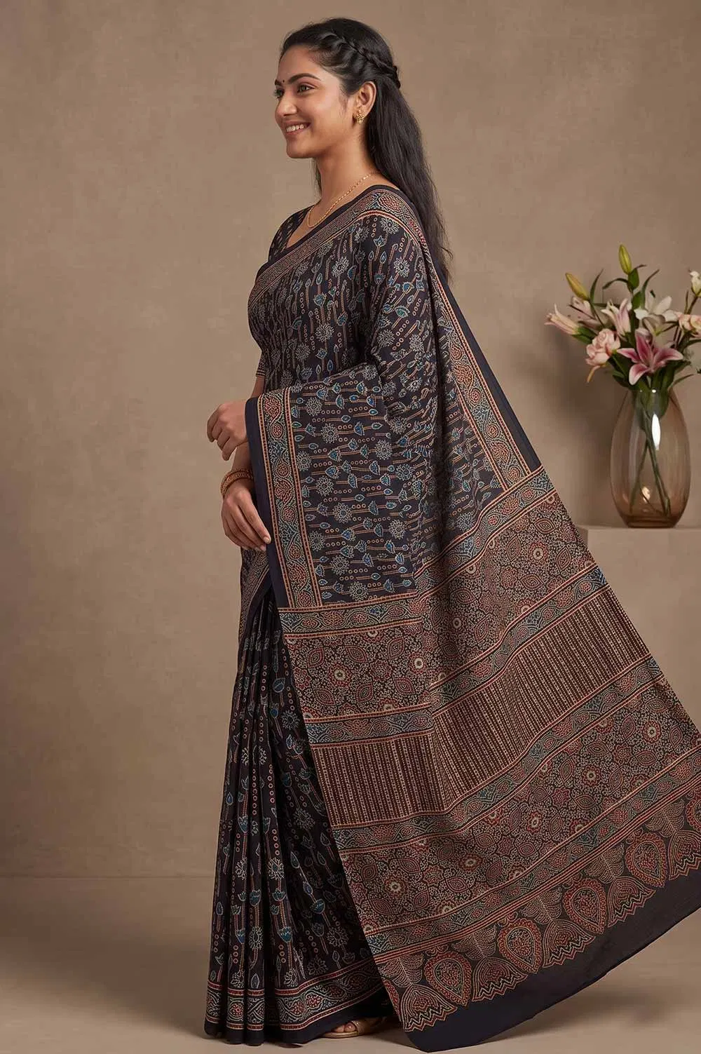 Kutch Ajrakh Hand Block Print Modal Silk Crepe Saree