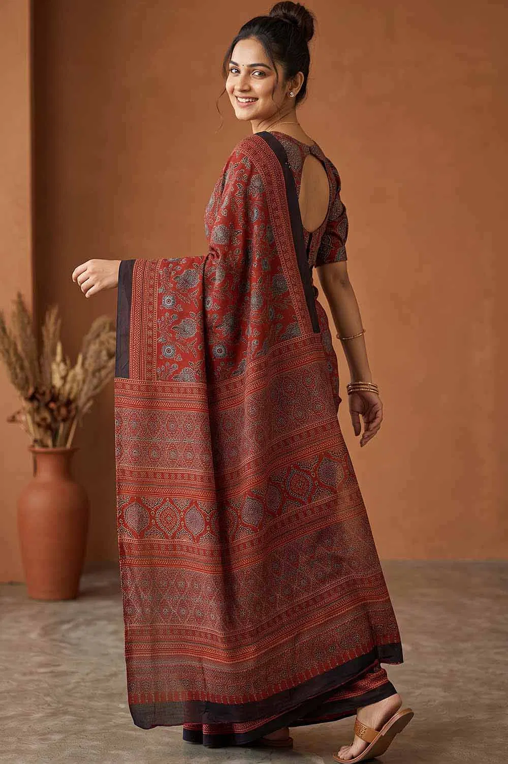 Kutch Ajrakh Hand Block Print Modal Silk Crepe Saree