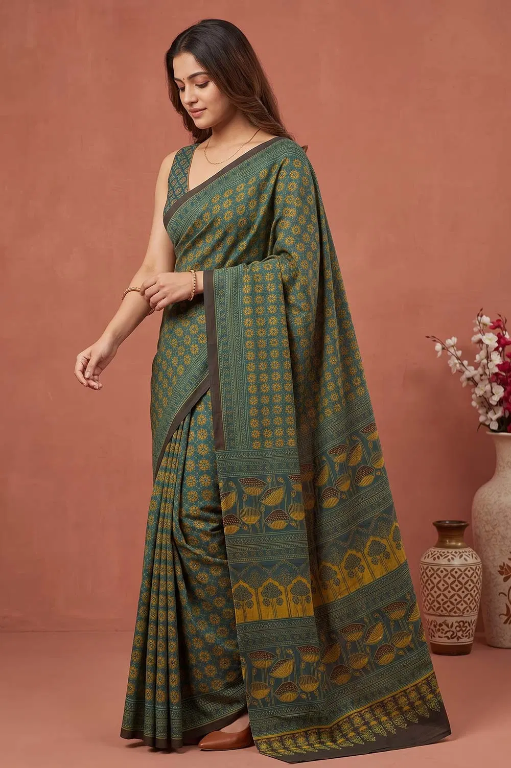 Kutch Ajrakh Hand Block Print Modal Silk Crepe Saree