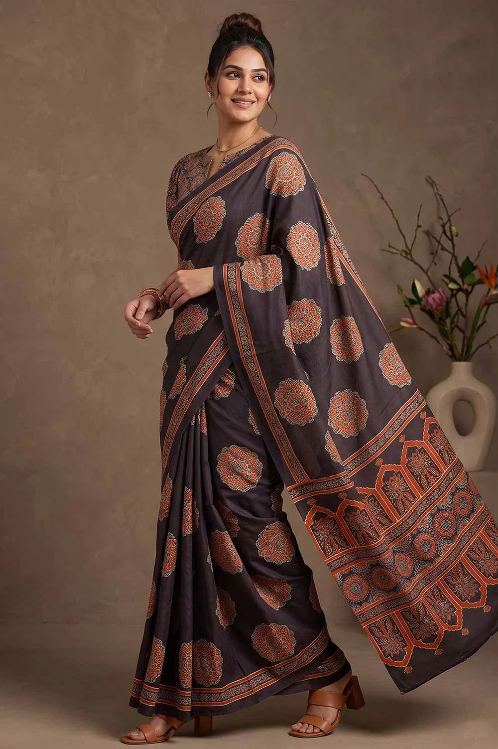 Kutch Ajrakh Hand Block Print Modal Silk Crepe Saree