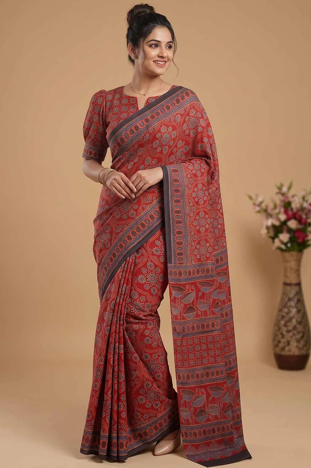 Kutch Ajrakh Hand Block Print Modal Silk Crepe Saree