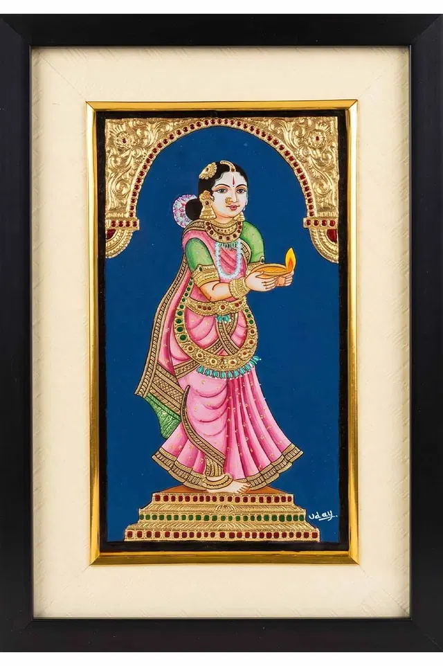 Lady with Lamp Mysore Painting - 22KT Gold Leaf (7*10) Inches - Set of 2