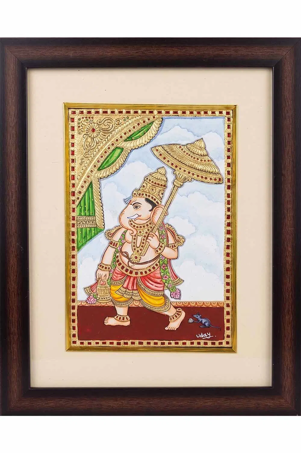 Umbrella Ganesha Mysore Painting - 22KT Gold Leaf (10*12) Inches