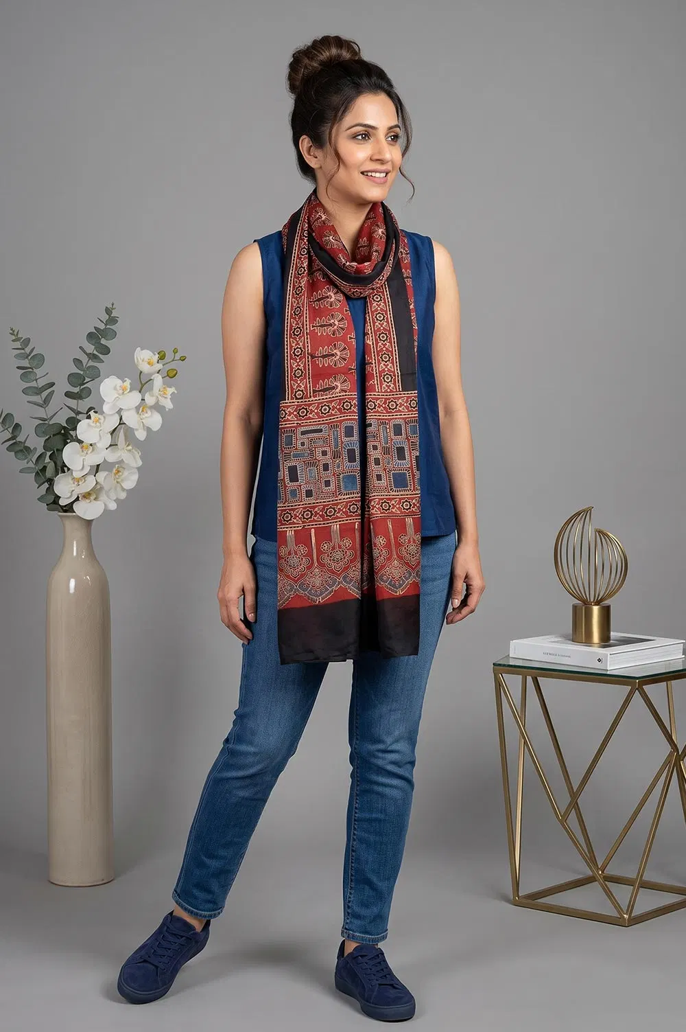 Kutch Ajrakh Hand Block Print Modal Silk Crepe Stole
