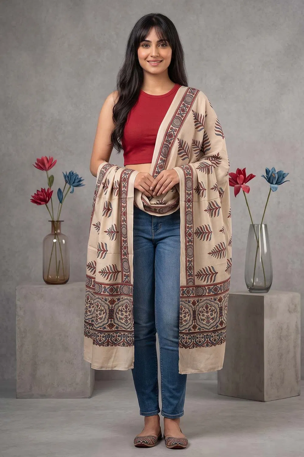 Kutch Ajrakh Hand Block Print Modal Silk Crepe Stole