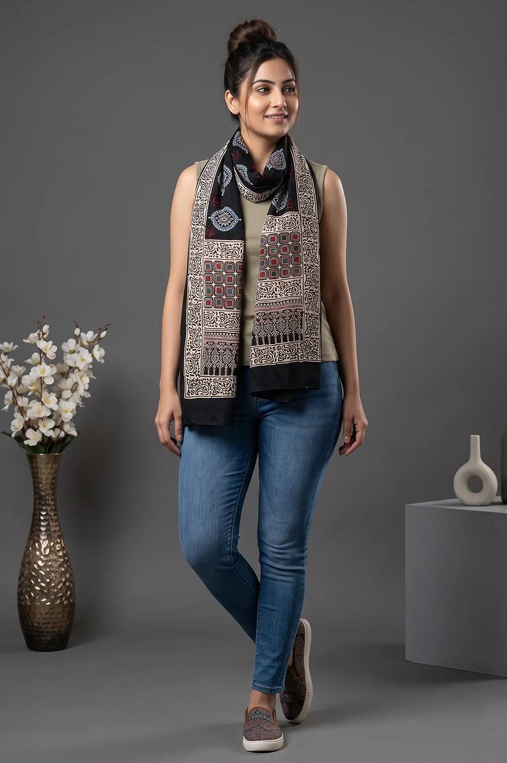 Kutch Ajrakh Hand Block Print Modal Silk Crepe Stole