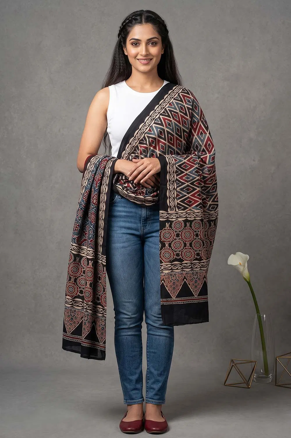 Kutch Ajrakh Hand Block Print Modal Silk Crepe Stole
