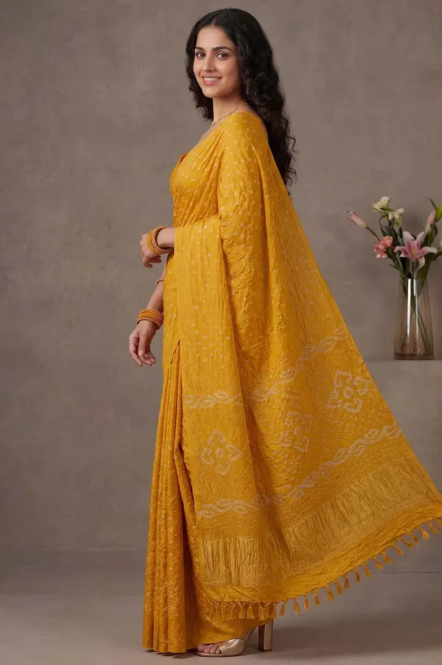 Jamnagari Bandhani Semi Gaji Silk Saree