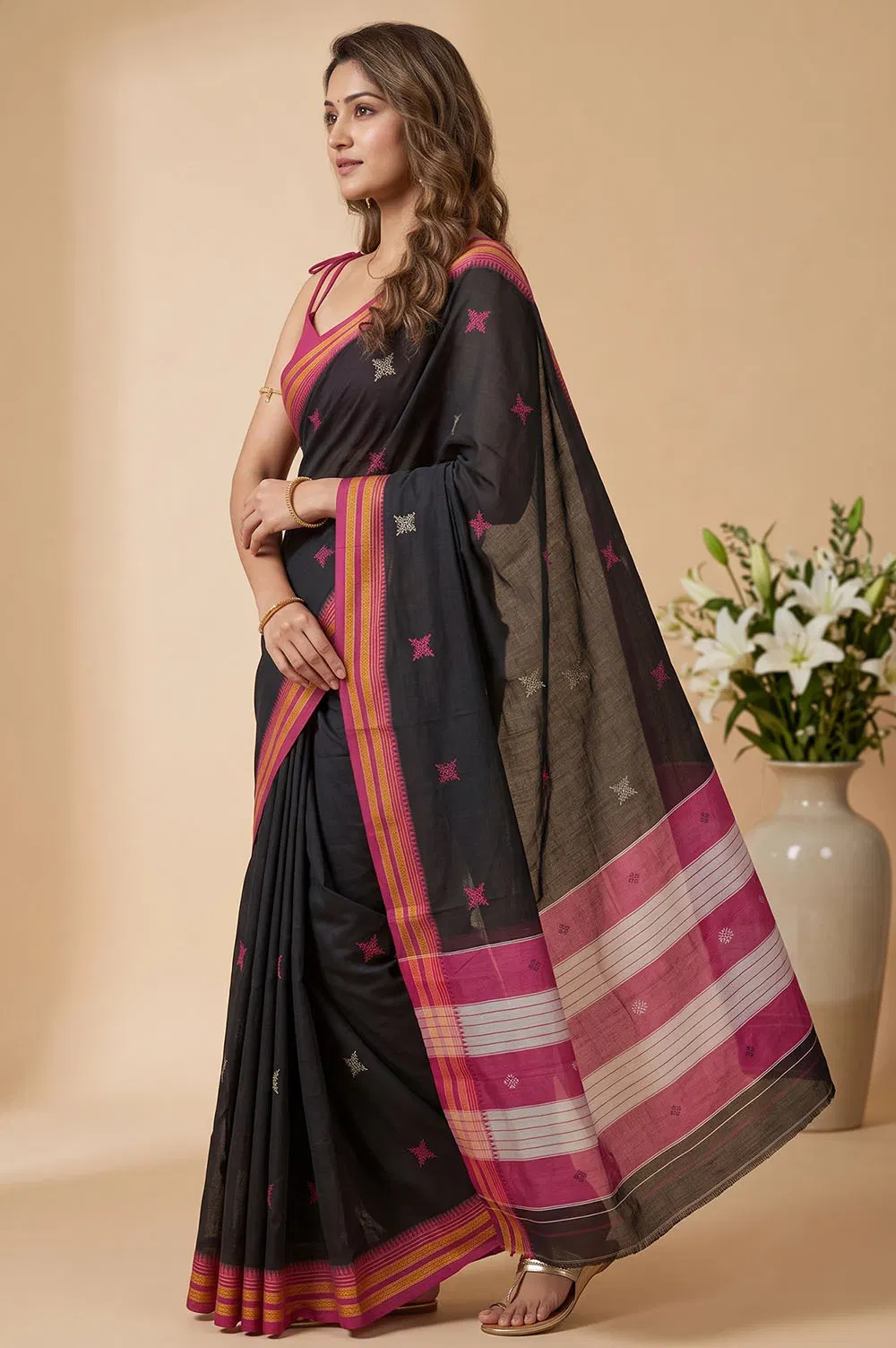 Kasuti Hand Embroidery on Art Silk Saree