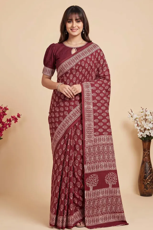 Bagru Hand Block Print Cotton Saree