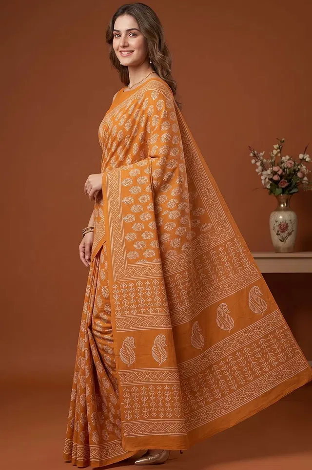 Bagru Hand Block Print Cotton Saree