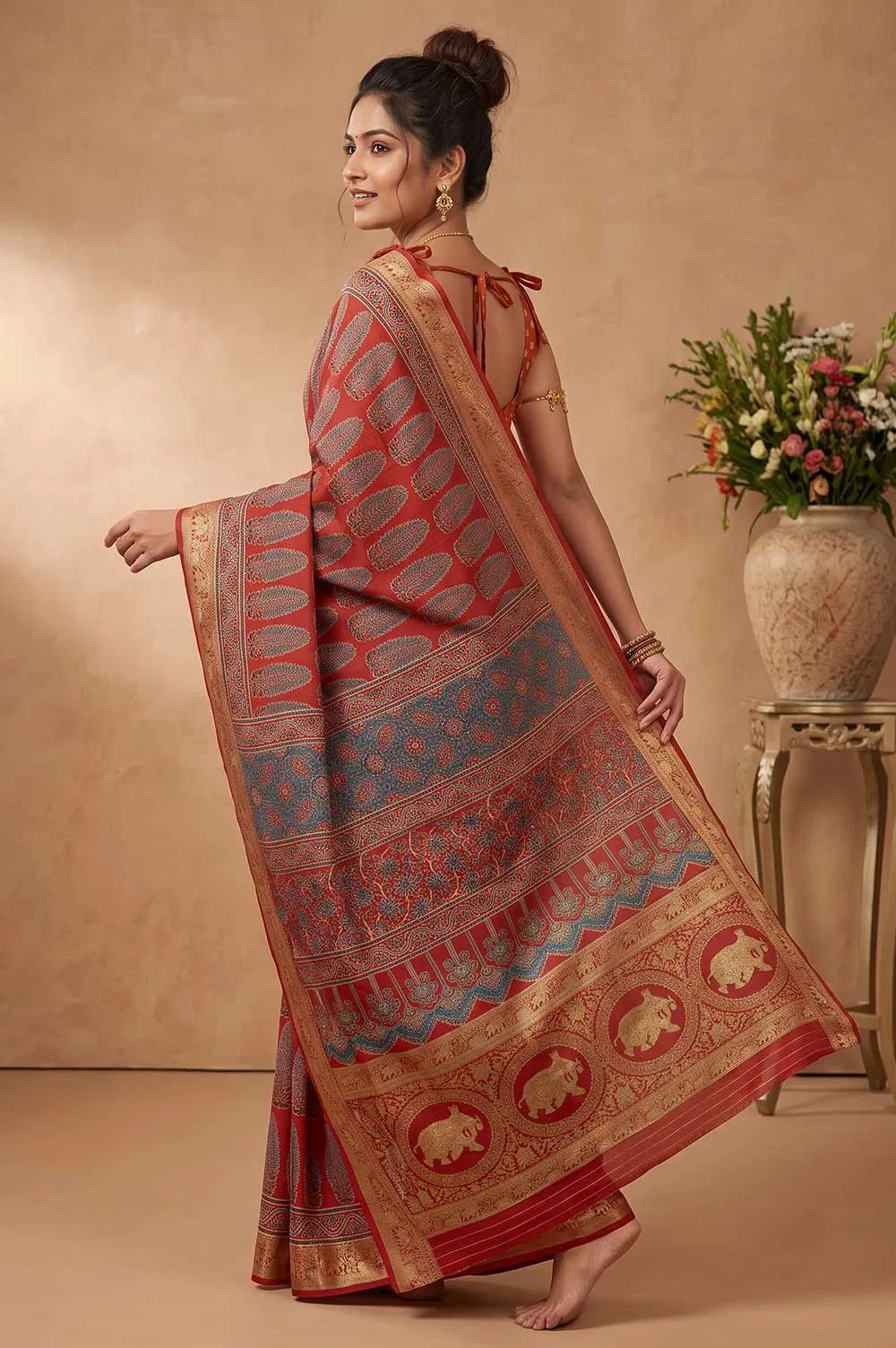 Kutch Ajrakh Hand Block Print Dola Silk Saree
